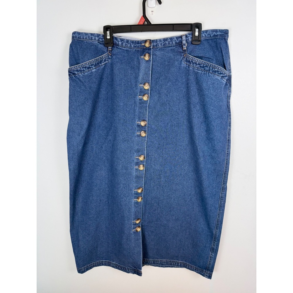 CJ Banks Denim Midi Skirt Women's 18W Blue Button Front Elastic Waist Skirt